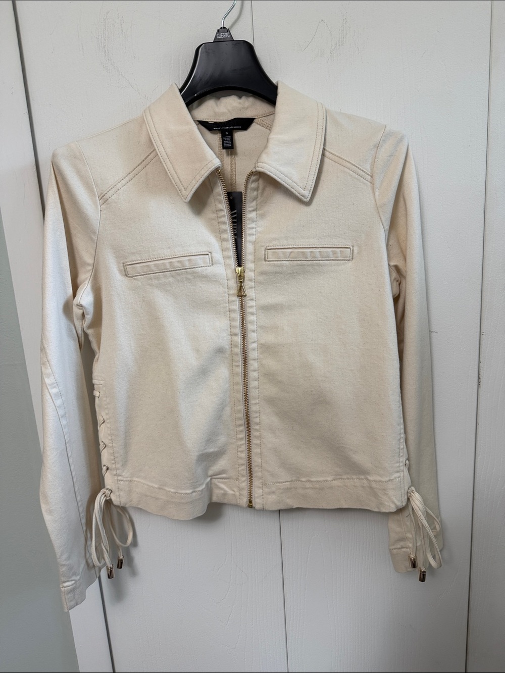White House Black Market Cream Zip-Front Jacket with Lace-Up Side Ties